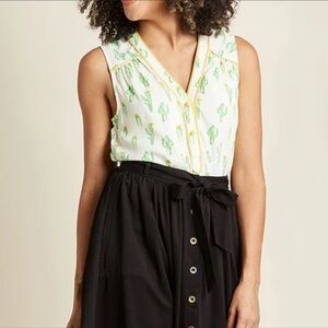 Modcloth White and Green Cactus Print Blouse